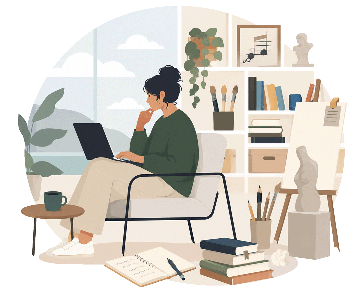 Illustration: Artist at a laptop, a networked world map glowing in the window